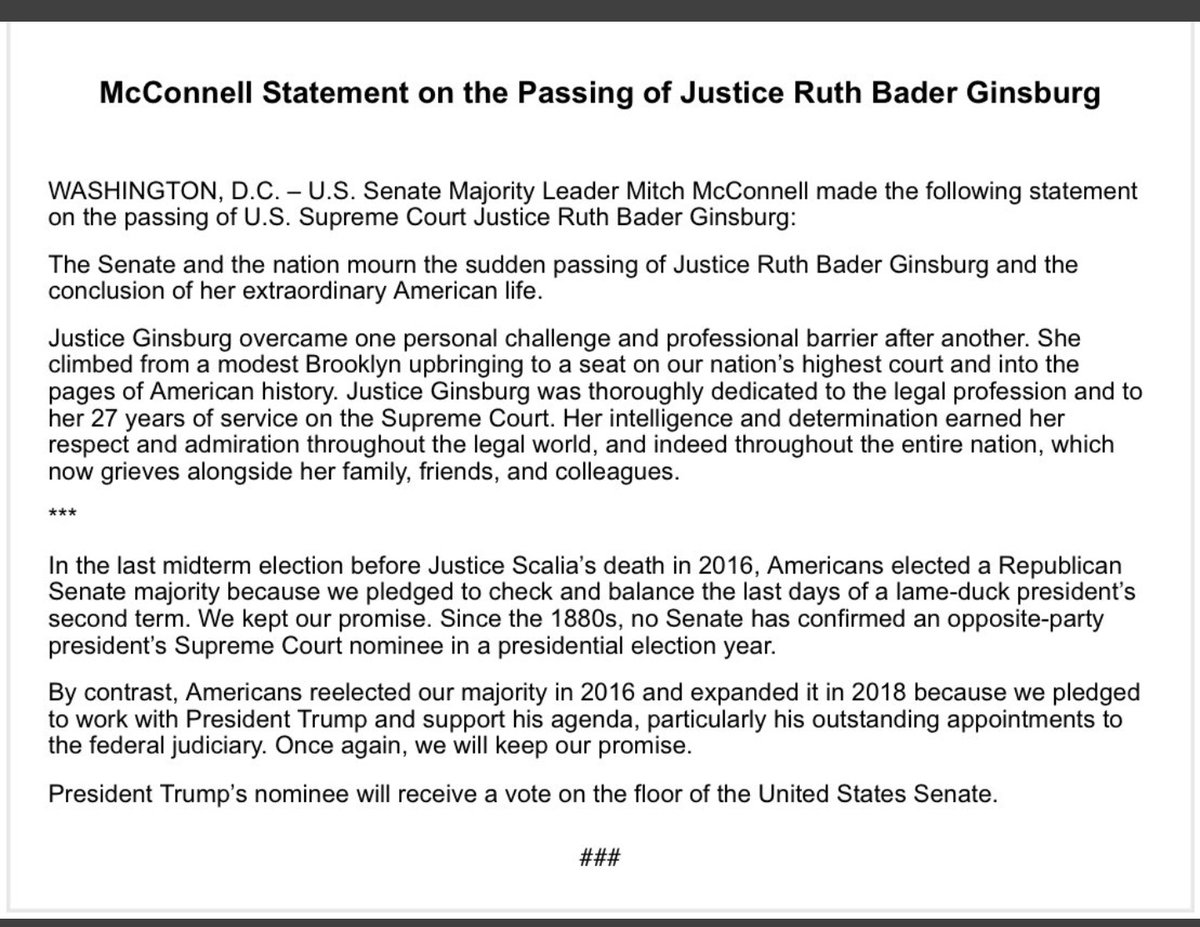 Not even 30 minutes after we were told that Ruth Bader Ginsburg passed away, the SOB McConnell is giving Trump his 3rd Supreme Court judge less than 2 months before a presidential election. HE couldn't even wait until she was buried or even mourned an hour!  #RIPRuthBaderGinsburg