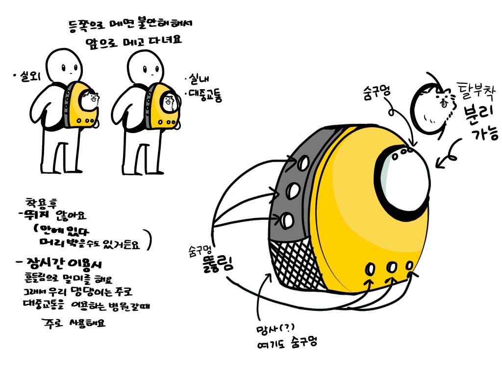 강아지가 불편하지 않은가 
왜 일반 강아지 캐리어에 데리고 다니지 않냐 
하시는 분이 있어서 적어요. 
손에 들고 다니는 강아지 가방은 오히려 더 불편해 하기에 사용을 못하고 있어요. 그리고 숨구멍이 많아서 답답해 하지는 않는거 같아요. 