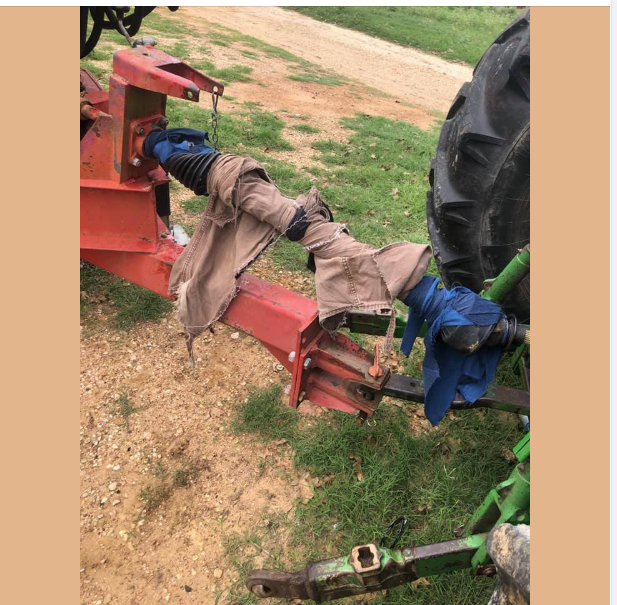 Got this photo off of Facebook. The PTO caught the shirt and ripped all the clothes off of the guy. He had a sprained arm and a lot of cuts and burns. Someone was there to grab him or he would have gone around the shaft with his clothes. #BeSafe It only takes an instant.