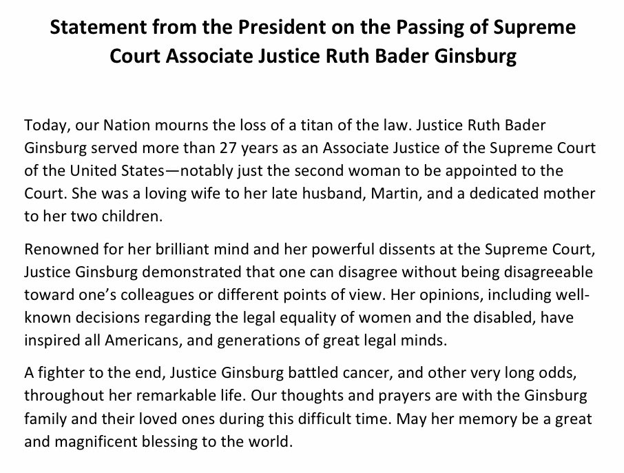 Statement from the President on the Passing of Supreme Court Associate Justice Ruth Bader Ginsburg