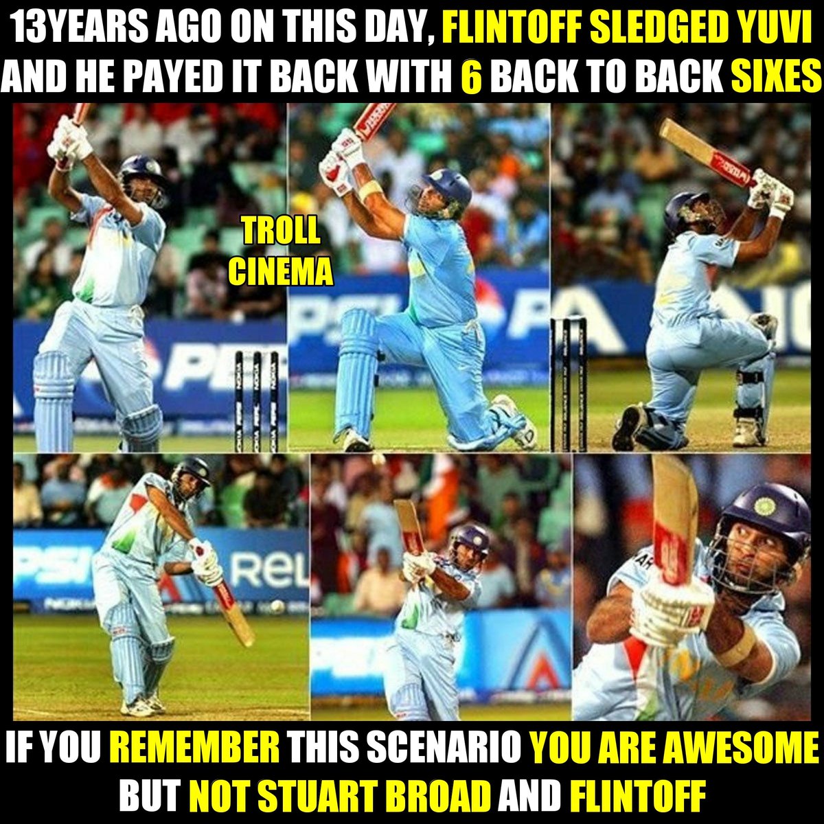 deepakjnvs's tweet photo. On 19 September 2007
T20 World Cup 
Yuvraj Singh played one of the best T20 knock of all time. 
He score 58(16) including 7 sixes and 3 four.
He hit 6 sixes in an over against Stuart Broad. 
He hit 50 in 12 balls which is the fastest 50 in T20I. 
#YuvrajSingh #13Yearsof6Sixes https://t.co/gMkMYYo67c