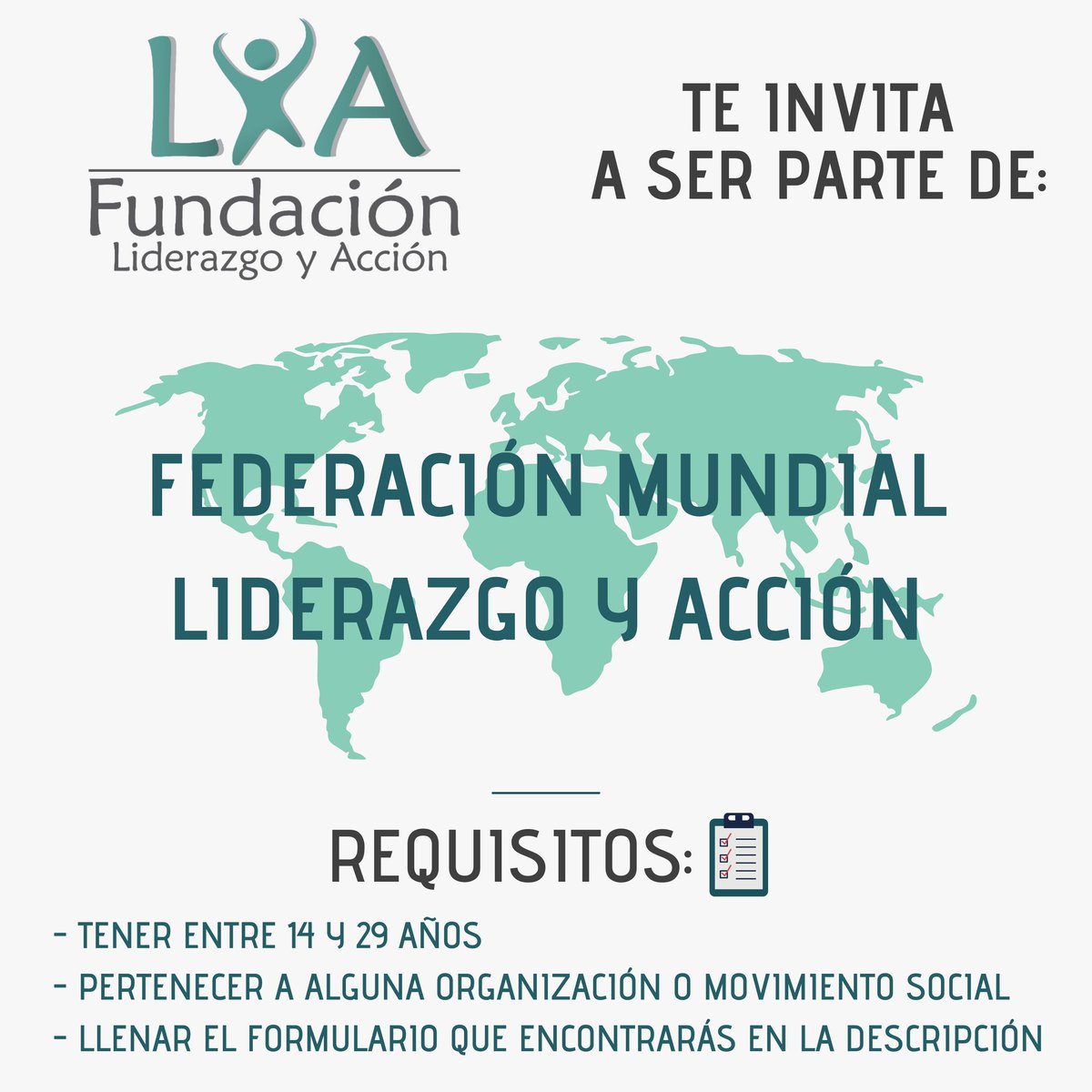 FundacionLYA's tweet photo. 📣 CONVOCATORIA l FEDERACIÓN MUNDIAL LIDERAZGO Y ACCIÓN 

Es un espacio de  articulación para la exigibilidad, promoción, veeduría para el cumplimiento de los derechos de los grupos prioritarios. 

ℹ️Inscríbete llenando el siguiente formulario:
https://t.co/iOoEJpXbSx

🤜🤛 https://t.co/RKNDiUR71N