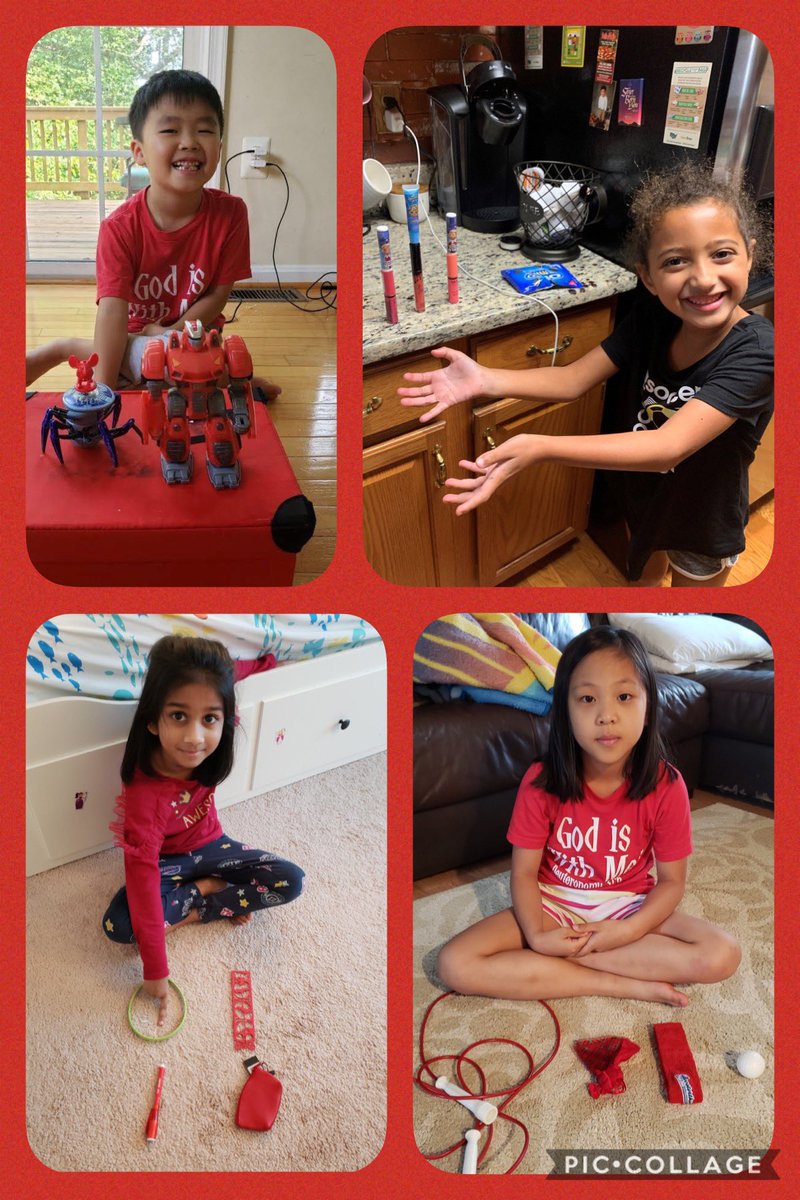 NatalieCVershaw's tweet photo. โค๏ธRED Dayโค๏ธ It is the end of our first color week, and these awesome first graders found four objects in their homes: 3 red & 1 non-red object. Just like in math, they were creating a group to find which one does not belong. #togetherCES #colorweeks #RedDay #FuninFirst @jtdouds https://t.co/E6bJiS5IXN