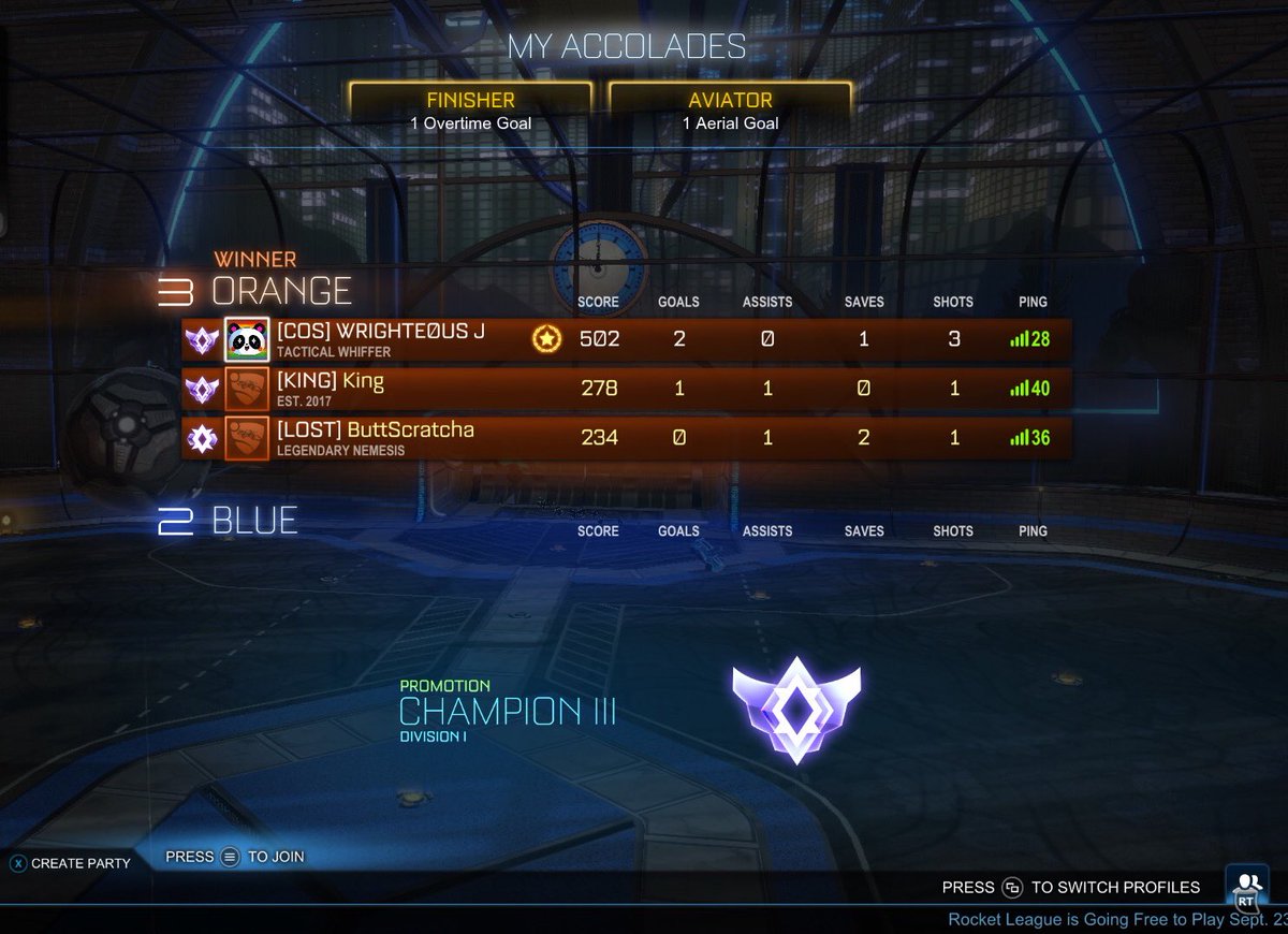 wrighteousj's tweet photo. Got out of the worst rank in @RocketLeague just before hitting 1k hours. @SpoodahRLโs memes no longer offend me. ๐ค #Champ3 https://t.co/5JNlJXnIUv