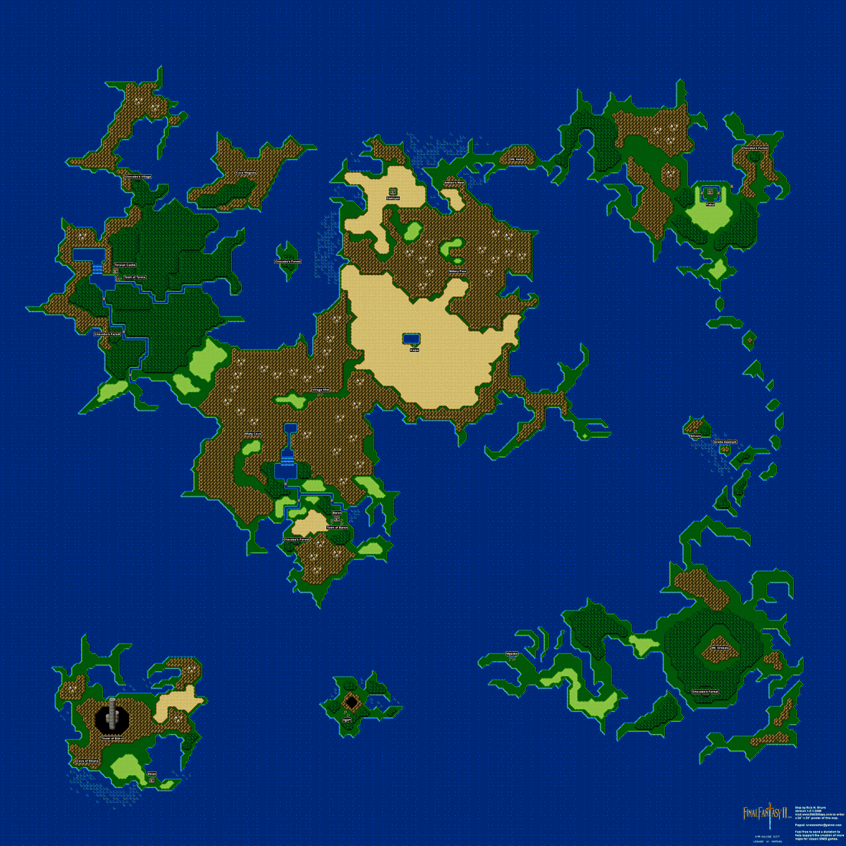 Now, on to Final Fantasy 4!4 is notable in a few ways.As with 3, you have several different maps.First, the main overworld.It seems a LITTLE less wild and dreamlike than 3, but it has a lot of amazing stuff, including a giant mountain sized tower.