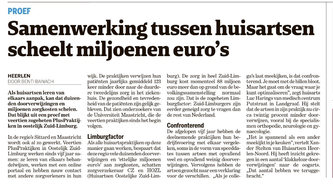 De Limburger vandaag: de nieuwe werkwijze van de PlusPraktijken, een gezamenlijk initiatief van <a href="/HuisartsenOZL/">HuisartsenOZL</a> en <a href="/cz_nl/">CZ zorgverzekering</a>, kan miljoenen zorgkosten besparen. #jzojp <a href="/mijnzorg_ozl/">MijnZorg-OZL</a>