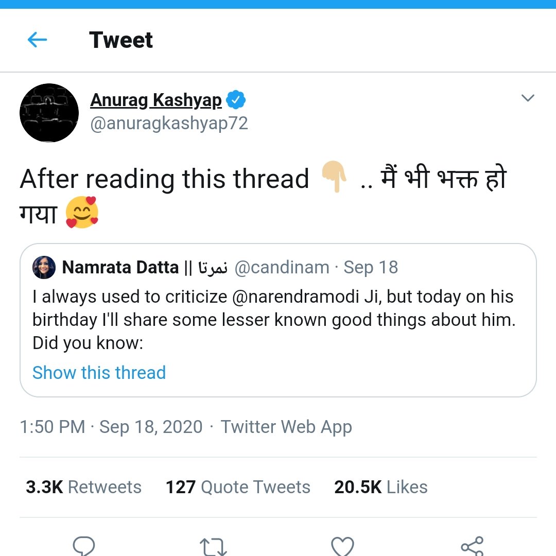 Yesterday she posted a word to word plagiarized thread obv promoted by  @anuragkashyap72 which is on PM  @narendramodi ..so much so that it has the same typos & error. What's worse when asked about the thread she says it was "after loads of reading & connecting the dots" LIES!