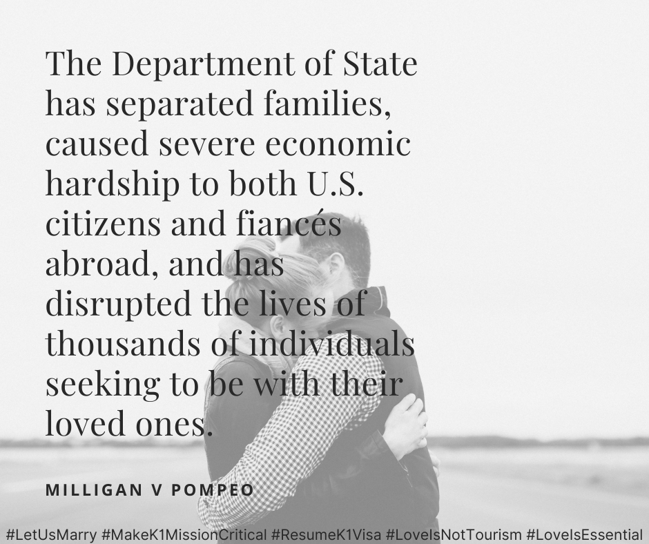 Why is the K-1 visa, family-based &amp; U.S. citizen-petitioned, prohibited from being processed? "Local conditions and resources" never stopped tourists &amp; students. tinyurl.com/k1lawsuit

#ResumeK1Visa #LetUsMarry #MilliganvPompeo <a href="/USEmbassyPH/">U.S. Embassy in the Philippines</a> <a href="/USAmbManila/">Follow USAmbPH</a> <a href="/TravelGov/">TravelGov</a>