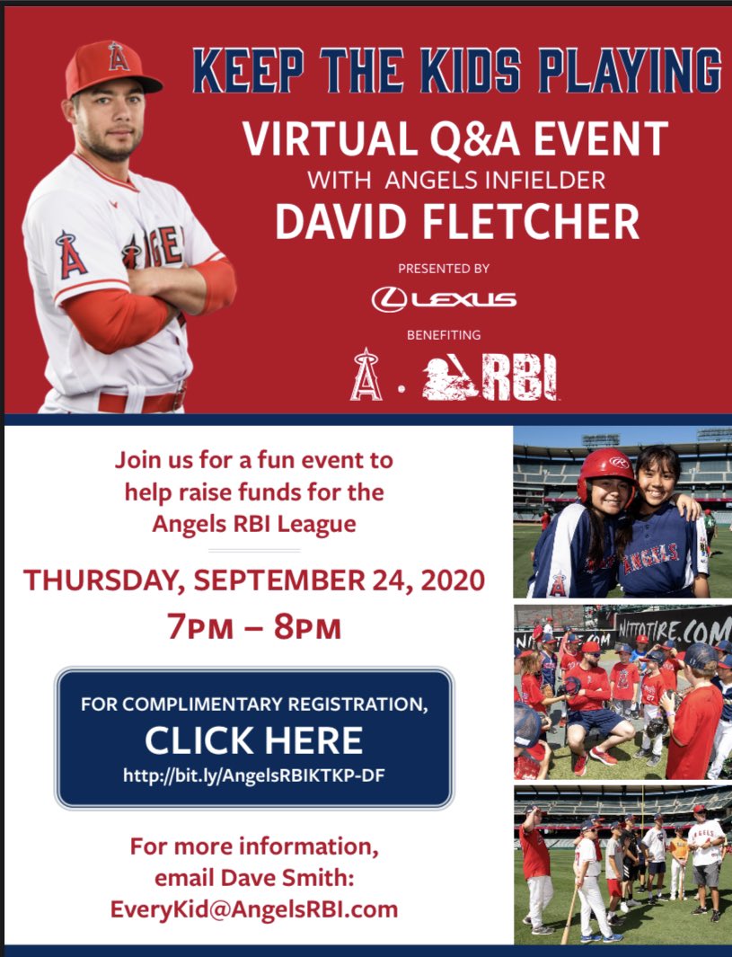 Join us to for Thursday night baseball talk with Angels Star David Fletcher! Ask some of your favorite questions and support a great cause.
Registration is free: bit.ly/AngelsRBIKTKP-…