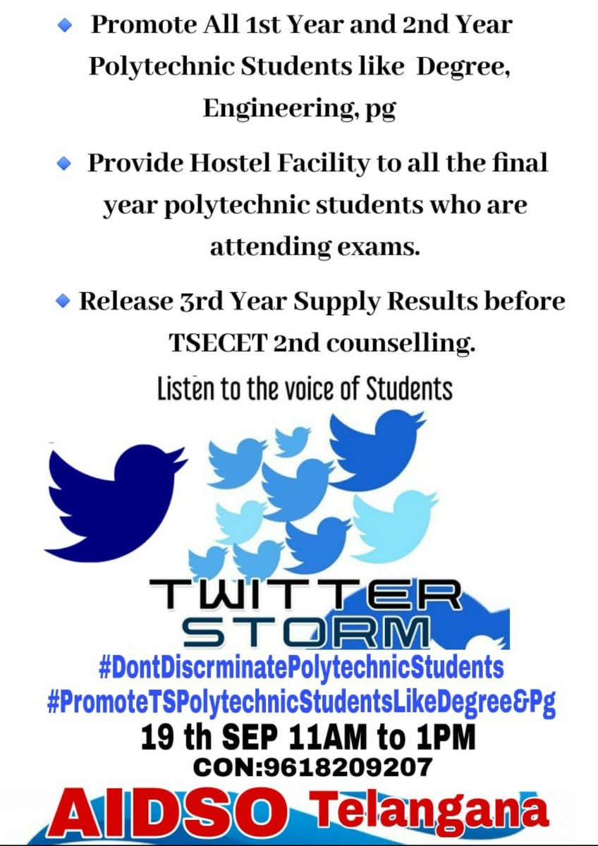 aidsotelangana's tweet photo. All need to Retwit on this #tags and id's
#PromoteTSpolytechnicStudentsLikeDegreePg
#DontDiscriminatePolytecnicStudents
@SabithaindraTRS
@navinmittal
@TelanganaCMO
@Tssbtet
@TSEduDept 
@trspartyonline https://t.co/naByxKzeQZ