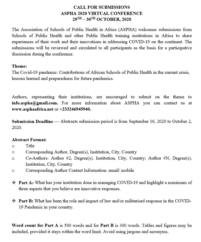 Association of Schools of Public Health in Africa (@aspha4africa) on Twitter photo CALL FOR SUBMISSIONS: ASPHA 2020 Virtual Conference, 29th – 30th October 2020. Closing date 2 October 2020
<a href="/AfricaCDC/">Africa CDC</a> <a href="/_AfricanUnion/">African Union</a> <a href="/WHOAFRO/">WHO African Region</a> <a href="/OoasWaho/">WAHO | OOAS</a>
<a href="/WFPHA_FMASP/">World Federation of Public Health Associations</a> <a href="/ASPHERoffice/">ASPHER</a> <a href="/ASPPHtweets/">ASPPH</a>
<a href="/H_S_Global/">Health Systems Global</a> CALL FOR SUBMISSIONS: ASPHA 2020 Virtual Conference, 29th – 30th October 2020. Closing date 2 October 2020
<a href="/AfricaCDC/">Africa CDC</a> <a href="/_AfricanUnion/">African Union</a> <a href="/WHOAFRO/">WHO African Region</a> <a href="/OoasWaho/">WAHO | OOAS</a>
<a href="/WFPHA_FMASP/">World Federation of Public Health Associations</a> <a href="/ASPHERoffice/">ASPHER</a> <a href="/ASPPHtweets/">ASPPH</a>
<a href="/H_S_Global/">Health Systems Global</a>