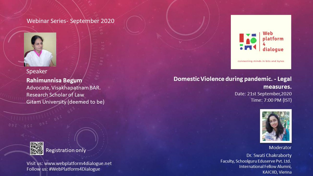 forms.gle/KHwGKQVjhiFqiJ…

Webinar on

Domestic Violence during pandemic. - Legal measures.

Date: 21st September,2020

Time: 7:00 PM (IST)

Rahimunnisa Begum
Advocate, Visakhapatnam BAR.
Research Scholar of Law
Gitam University (deemed to be)