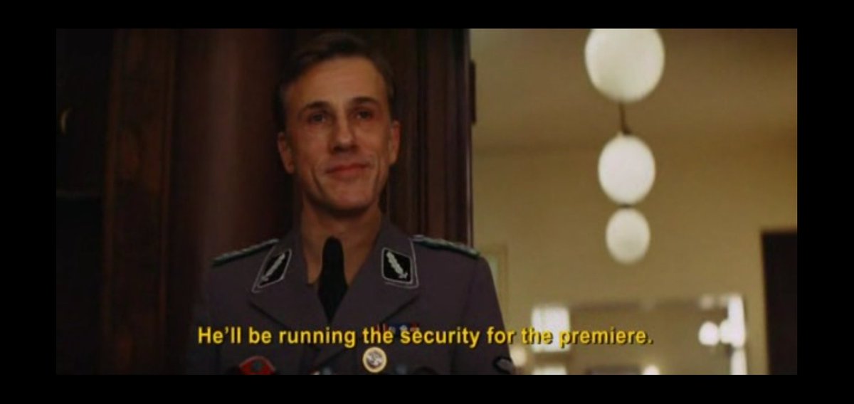 In her cinema, Fuhrer hitler is coming to watch a propoganda film about a nazi soldier and hans landa is the security incharge their. During a meeting of gobbles and Emmanuel, there shows up hans landa.