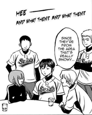 i love it when players aside from haruichi and eijun get so into conversing with furuya like he really isnt that social so they taje what they can get and some more and irs just so wholesome esp after they've acknowledged how hes gottwn more social i love furuya growth