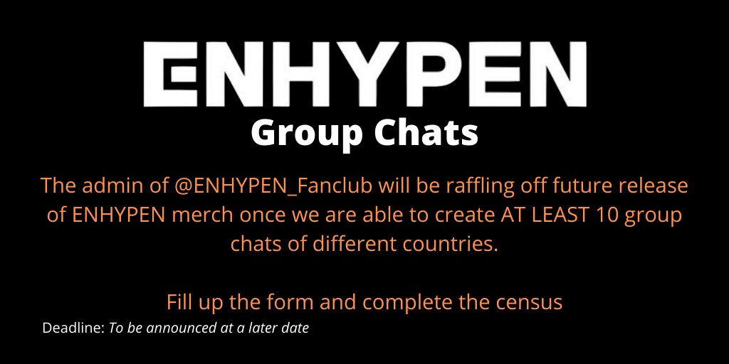 [ENHYPEN Group Chat]To connect fans of  #ENHYPEN , we will be creating group chats for fans of different countries.This is an effort to organize the fandom Just fill up this form and complete the census at  http://bit.ly/ENHYPEN_Global  #ENHYPENGroupChat