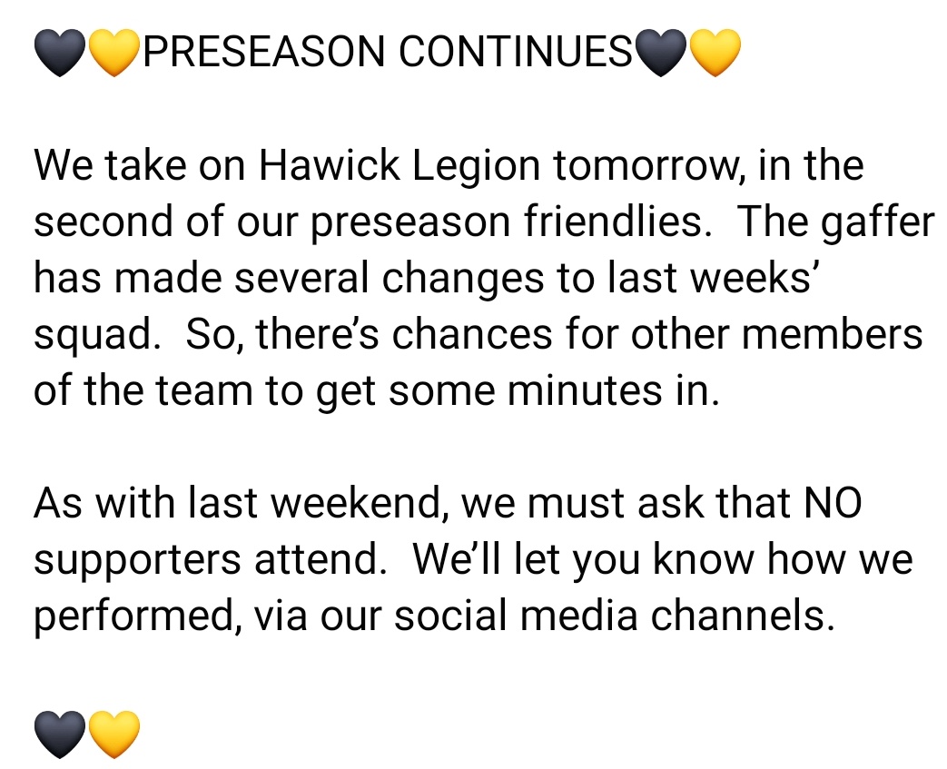 Pre season continues for now...
Away to @hawicklegionNEW

Like last week no supporters are allowed to come watch

#montherose 🟡⚫
