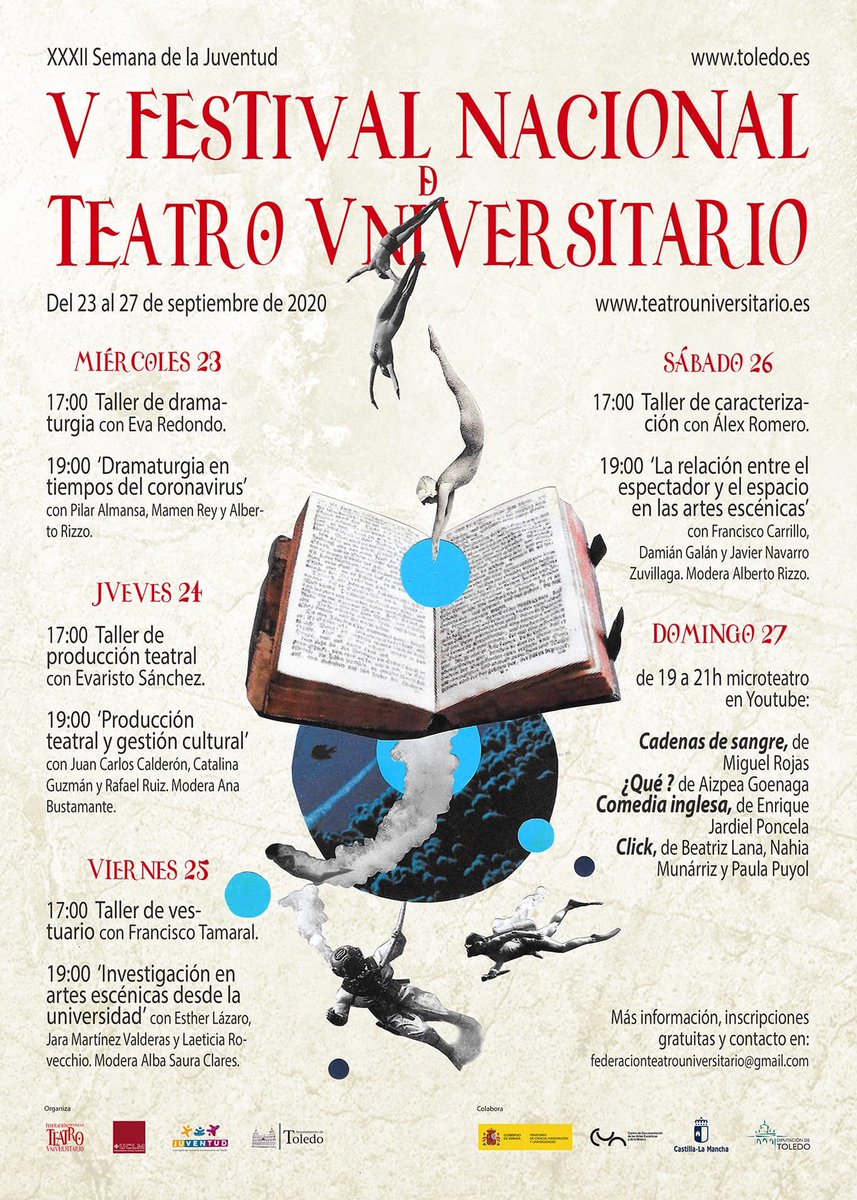 No te pierdas las actividades que hemos preparado para ti.  
#online  
Tienes los enlaces para entrar en cada sesión en teatrouniversitario.es   

¡Viva el #Teatro!