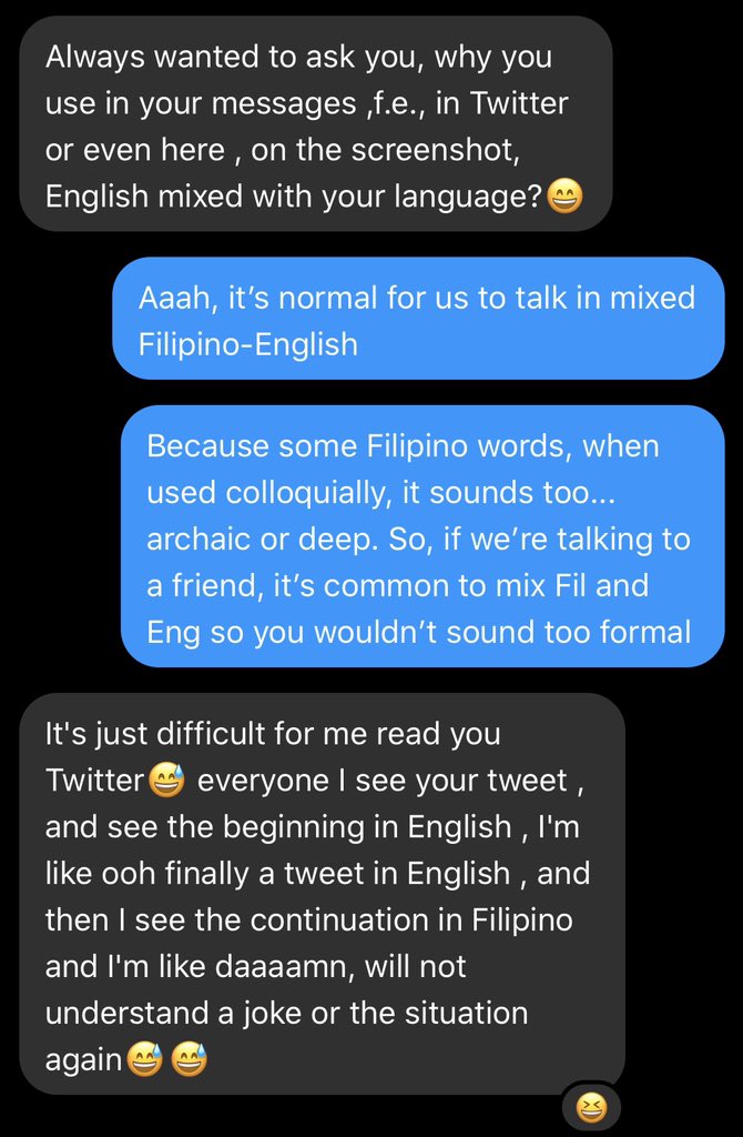 My non-Filo friend sent this message. Do I have mutuals who also get confused of my (our) mixed language tweets? If you do, just message us anytime we’ll gladly translate it for you, and sorry in advance, Filipinos really talk like that on a regular basis! 😂✌🏻#LanguageStruggles