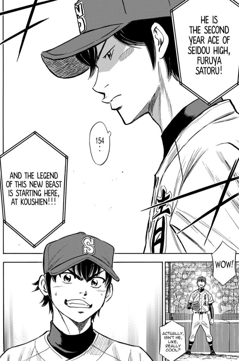 the manga equivalent of furuya blushing and eijun being so happy for him  eijun not really blushing exactly but his cheeks his awed yet frustrated grin sjdkwkdk never 4get "because he's awesome, that's why" i mgonna