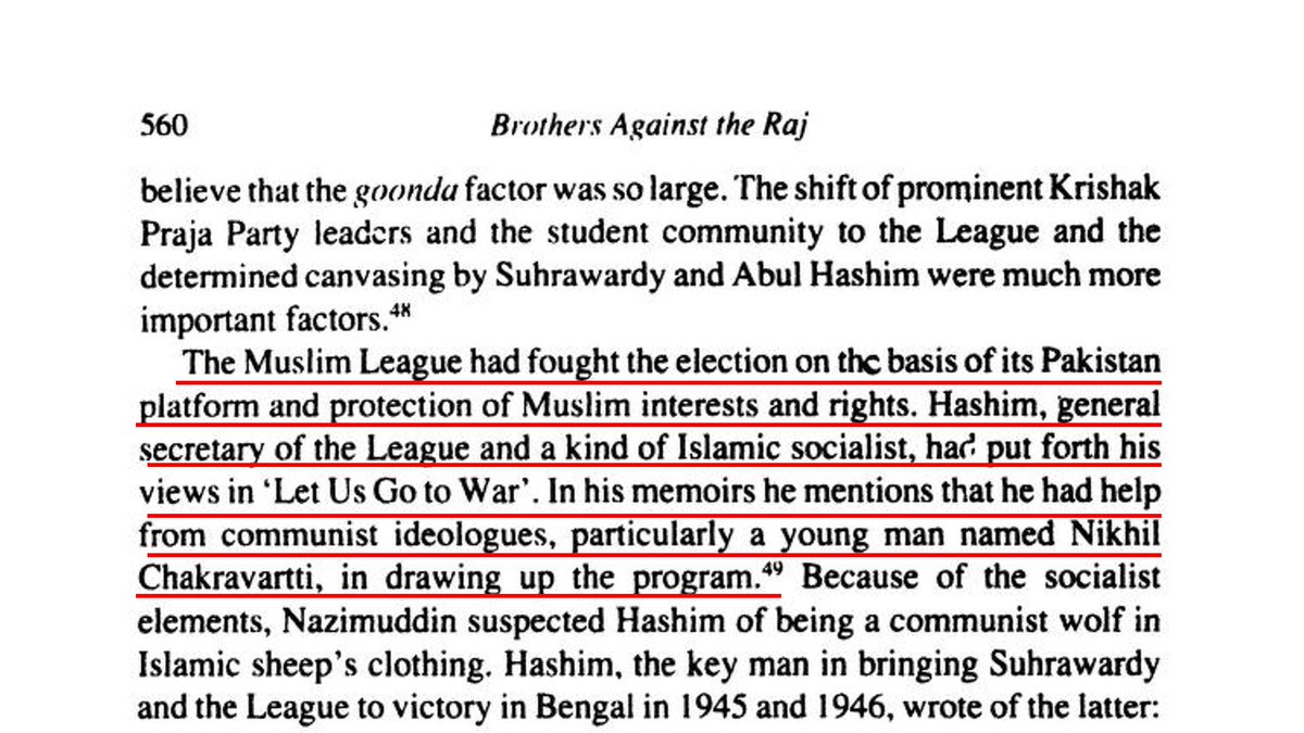 2/n  @_YogendraYadav ji, if I refer to "Brothers Against the Raj", Hashim the secretary of the Muslim League, the key man behind the rise of Suhrawardy, mentions in his memoir, "Let Us Go To The War", that he had help from Nikhil Chakravartti a young communist. Read.