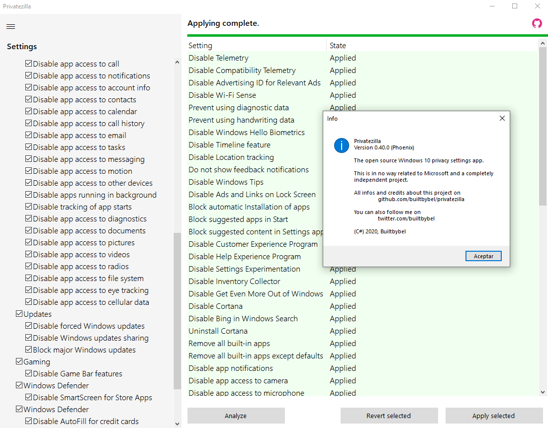 310hkc41b's tweet photo. Probando #Privatezilla. Si no conoces todas las entrañas de Windows te sorprenderá todo lo que registra. Seguro que va más ligero desactivando algunas cosas. https://t.co/tprrLVcCoF