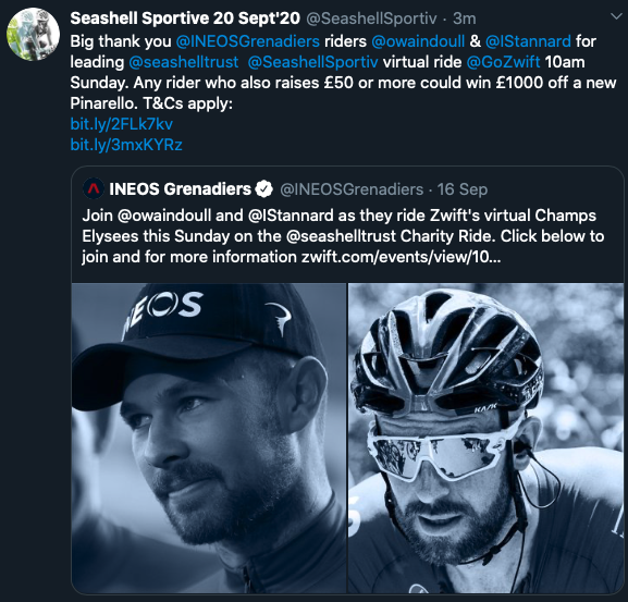 SeashellSportiv's tweet photo. Inspired by #tourdefrance2020 #LeTour2020 - looking for #SaturdayMorning inspiration? Celebrate final day of @LeTour in #Paris by joining our #charity #zwift #cycling ride tomorrow
https://t.co/fQyGVbO46T https://t.co/A8rnClImRq
