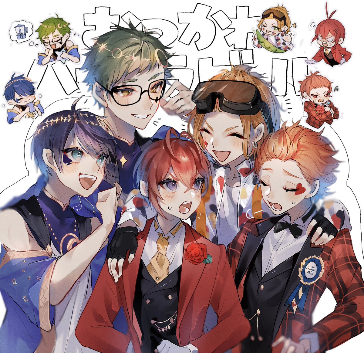 multiple boys male focus green hair glasses rose red hair blue hair  illustration images