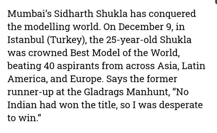 Then  @sidharth_shukla changed his stream and started his career in modeling in 2004 and in the same year  #SidharthShukla was awarded runner-up in the Gladrags Manhunt and Megamodel ContestSo in 2004 he was awarded runnerupwhen it was just beginning of his career in modeling3/n