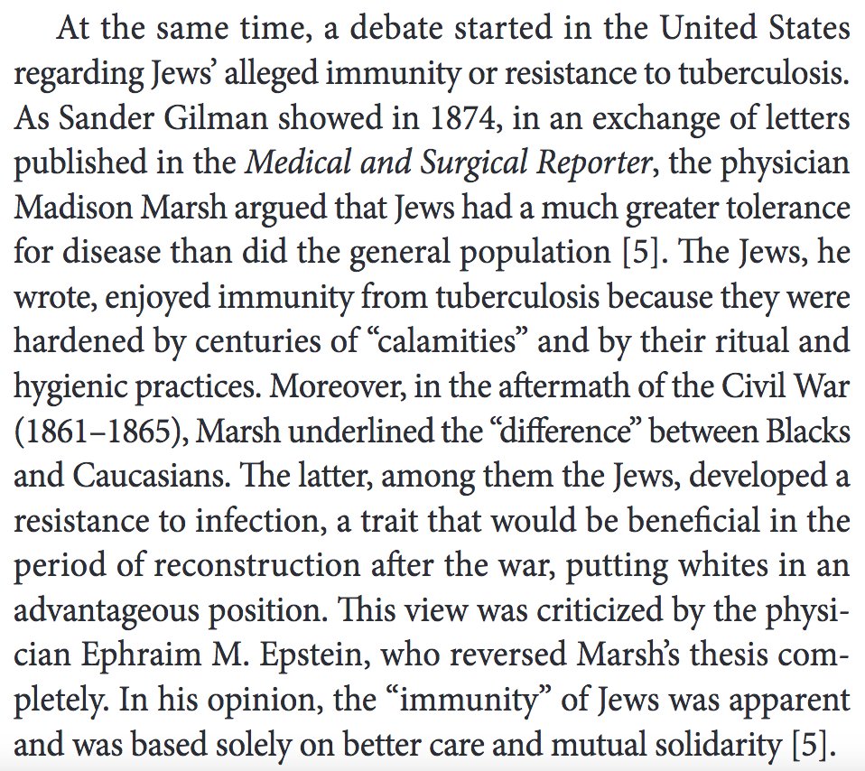 315) “At the same time, a debate started in the United States regarding Jews’ alleged immunity or resistance to tuberculosis. As Sander Gilman showed in 1874, in an exchange of letters published in the Medical and Surgical Reporter…”
