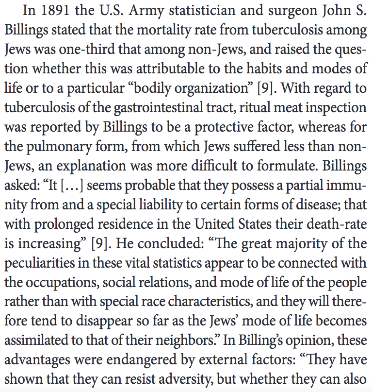 317) “In 1891 the U.S. Army statistician and surgeon John S. Billings stated that the mortality rate from tuberculosis among Jews was one-third that among non-Jews…”