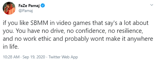 if you like SBMM in video games that say's a lot about you. You have no drive, no confidence, no resilience, and no work ethic and probably wont make it anywhere in life.