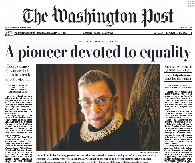 You want hypocritical media bias? Here's the @washingtonpost on Justice Scalia dying and the same paper on the death of Ginsburg. Seem slightly different?