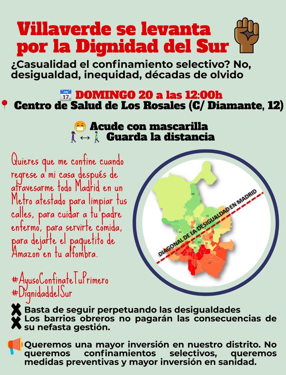 VILLAVERDE | Convocatoria vecinal contra el confinamiento clasista y en defensa de los servicios públicos y su refuerzo como medida sanitaria eficaz #DignidaddelSur