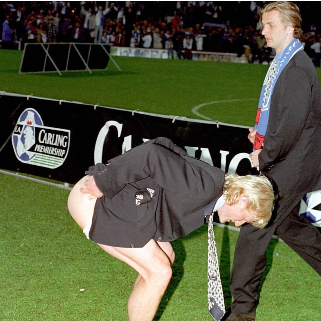 Colin Hendry celebrates Blackburn’s Premier League win, 1995.