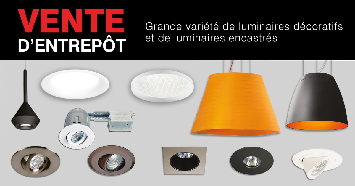 Notre grande vente d'entrepôt se poursuit aujourd'hui de 10h à 17h !  Jusqu'à 70% de rabais sur les luminaires encastrées !
 
Rendez-vous au 1020 rue du Parc Industriel à Lévis. 
On vous attend !