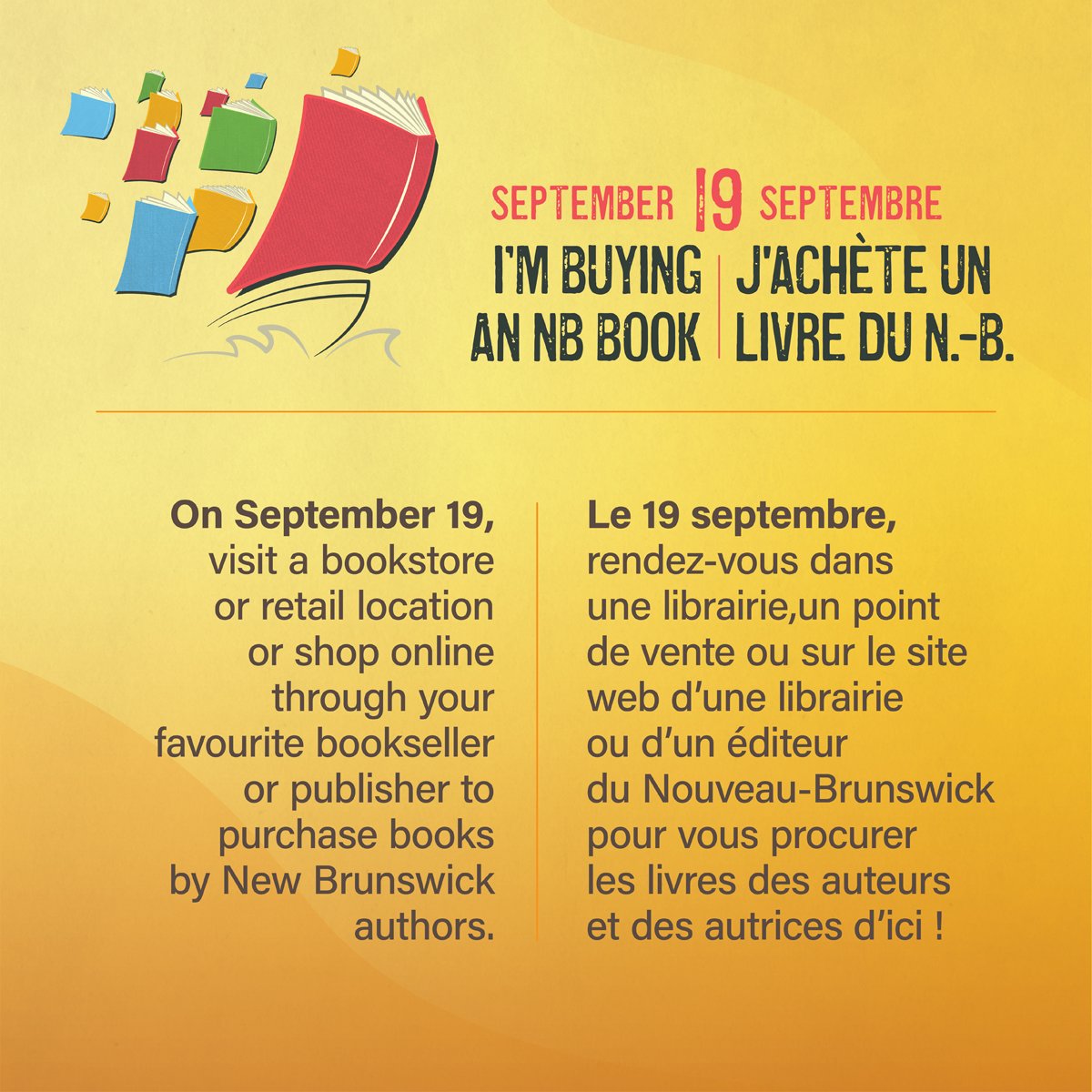 It's officially 'I'm buying an NB book! day'! 
Today, go to a bookstore or shop online & discover new favourites by our talented NB authors! You won't be disappointed!
RT & Share!
#19septembre #monlivreNB #jelislocal #September19 #myNBbook #IReadLocal
facebook.com/events/6849609…