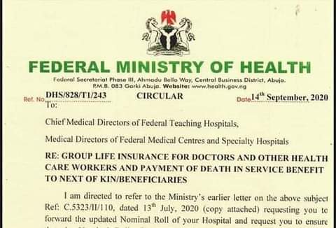 NsgAmbassadors's tweet photo. Federal Ministry of Health Circular on Life Insurance for Healthcare Workers.

RE: GROUP LIFE INSURANCE FOR DOCTORS AND OTHER HEALTH CARE WORKERS AND PAYMENT OF DEATH IN SERVICE BENEFIT TO NEXT OF KIN/BENEFICIARIES https://t.co/t19qcrgACj