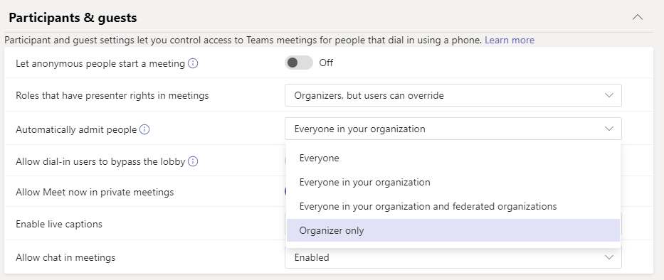 knicksmith's tweet image. The ability to set 'organizer only' as the default lobby setting has arrived for #MicrosoftTeams meeting policies in the admin portal.    This is a big win for educators and IT admins!  Be sure to alert your users their meeting behavior will change before applying this setting.