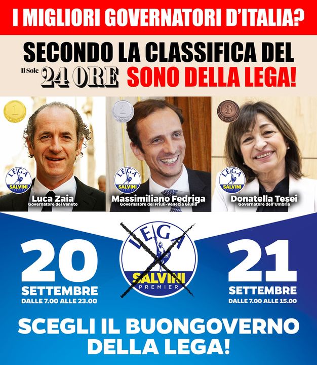 🔴I MIGLIORI GOVERNATORI D'ITALIA?
SECONDO LA CLASSIFICA DE "IL SOLE 24 ORE" SONO DELLA LEGA!

🗳Domenica 20 e lunedì 21 settembre SCEGLI IL BUONGOVERNO DELLA LEGA!

#PrimaGliItaliani 🇮🇹