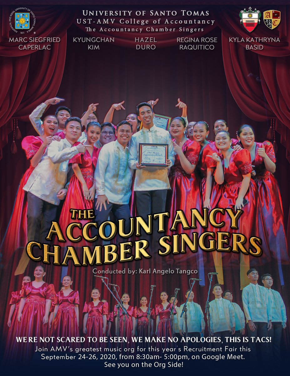AMVTACS's tweet photo. The Accountancy Chamber Singers are back and we challenge you to step out of your comfort zone. Join us on Sept. 24-26, 2020 on Google Meet.

See you on the org side! 

#TACS13eyondLimits
#Un13reakableTACS
#FlixKoLangORGKo
#GoStream16
#RecFair2020 https://t.co/jVGvMnrtg9