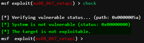 0x6970's tweet image. #Metasploit #Msfconsole 
check command -&amp;gt; There aren’t many exploits that support it, but there is also a check option that will check to see if a target is vulnerable to a particular exploit instead of actually exploiting it. 
Reference : offensive-security.com/metasploit-unl…