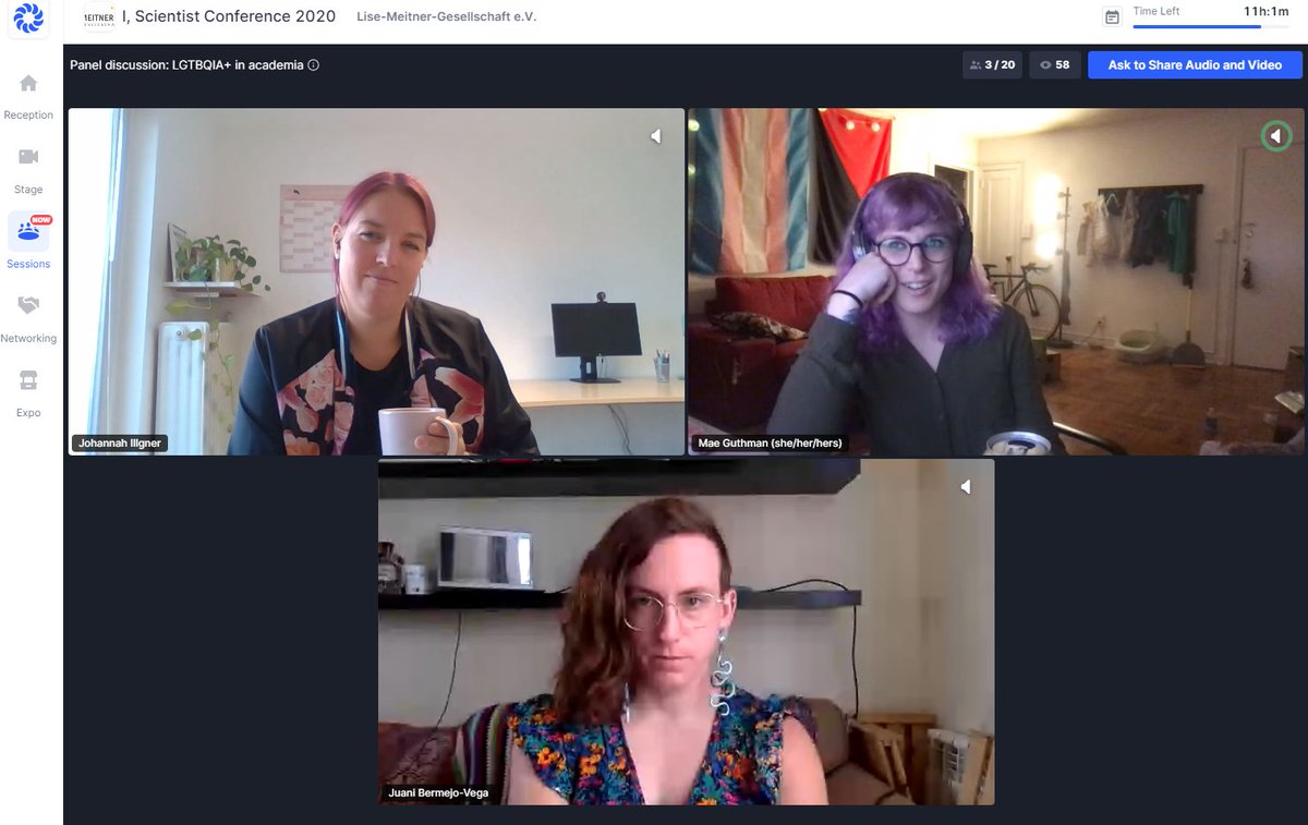 Amazing panel discussion with <a href="/queenofquanta/">Dra Jara Juana Bermejo-Vega 🏳️‍🌈🍉 La Cuántica</a> and @ukleghoul on the rights and struggles of the LGBTQIA+ at #iscientist20.