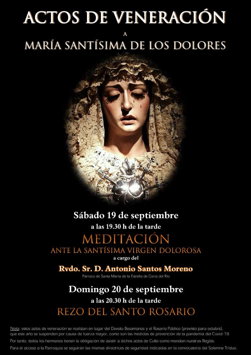 Cofradías | Fin de semana intenso para <a href="/ServitasPuebla/">Real Hdad. Servita de los Dolores - Puebla del Río</a>, que celebrará actos de veneración en torno a María Santísima de los Dolores en sustitución del tradicional besamanos y Rosario Vespertino, suspendidos a causa del #COVIDー19.

#LaPueblahoy #TDSCofrade #TDSProvincia