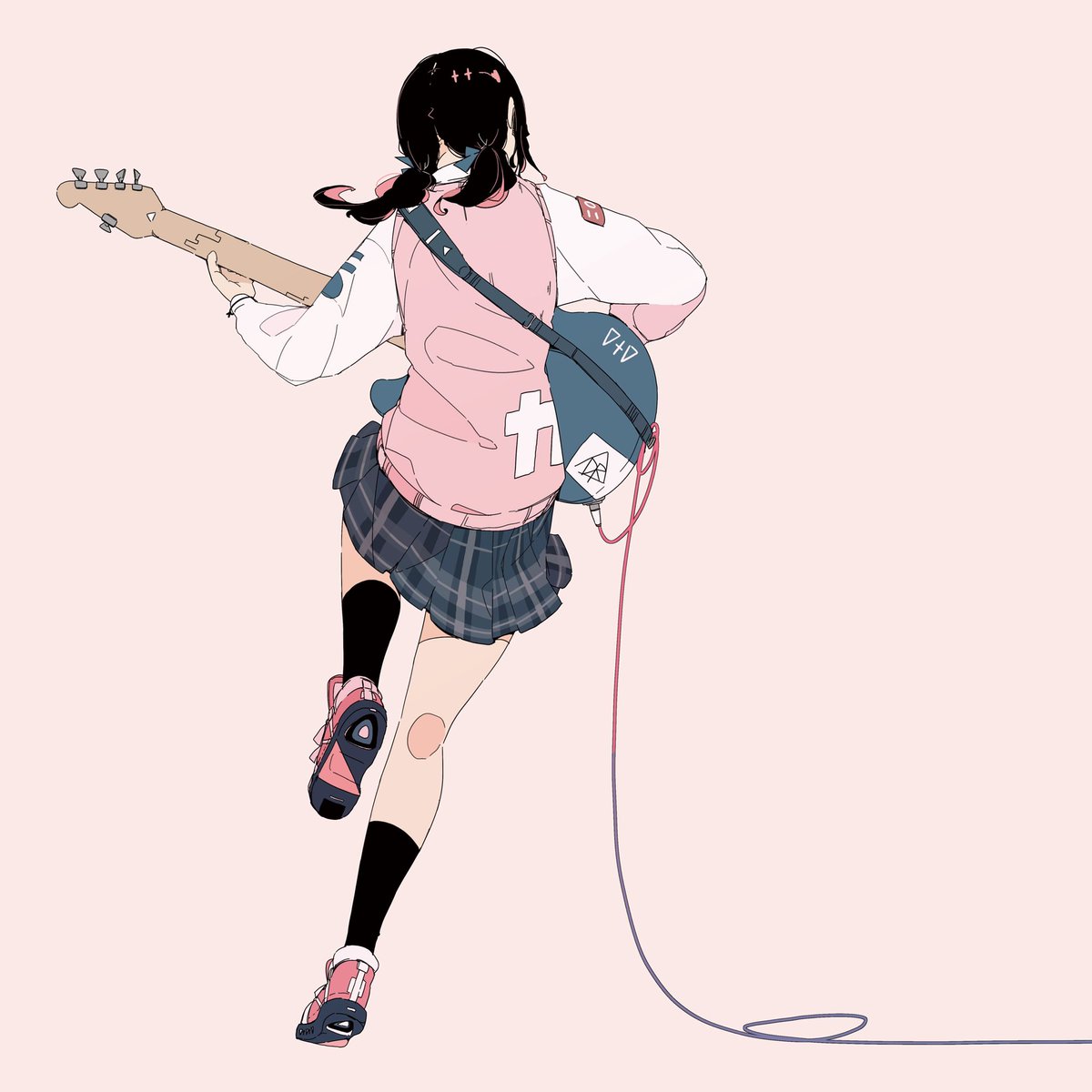 1girl solo instrument skirt guitar simple background from behind  illustration images