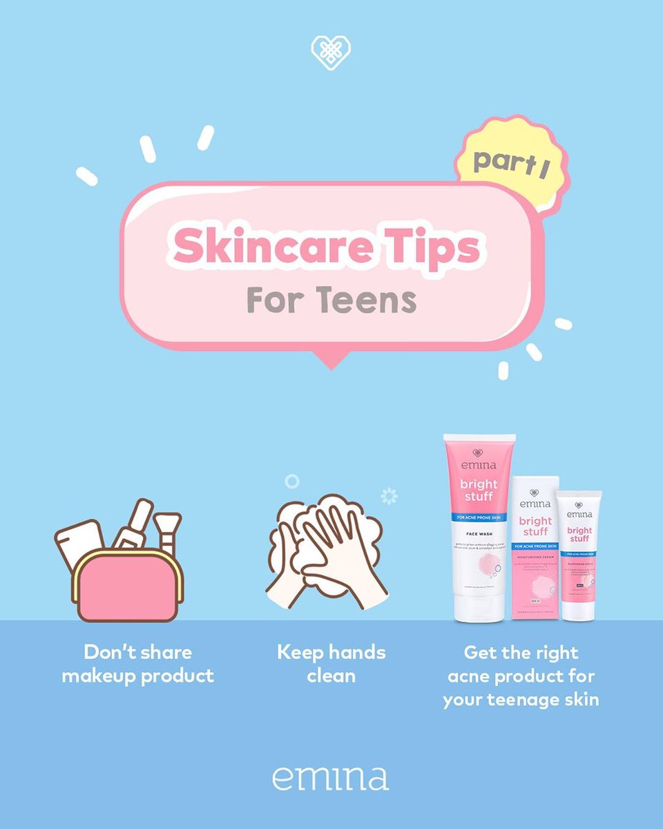 eminacosmetics's tweet image. Emina mau sharing skincare tips buat #extrasupport masa puberty kamu nih!
👧🏻 Jangan sharing makeup agar higienitas terjaga
👧🏻 Selalu cuci tangan dengan sabun sebelum cuci muka dan memakai skincare
👧🏻 Pakai Bright Stuff for Acne Prone Skin yang paling mengerti kondisi kulit remaja