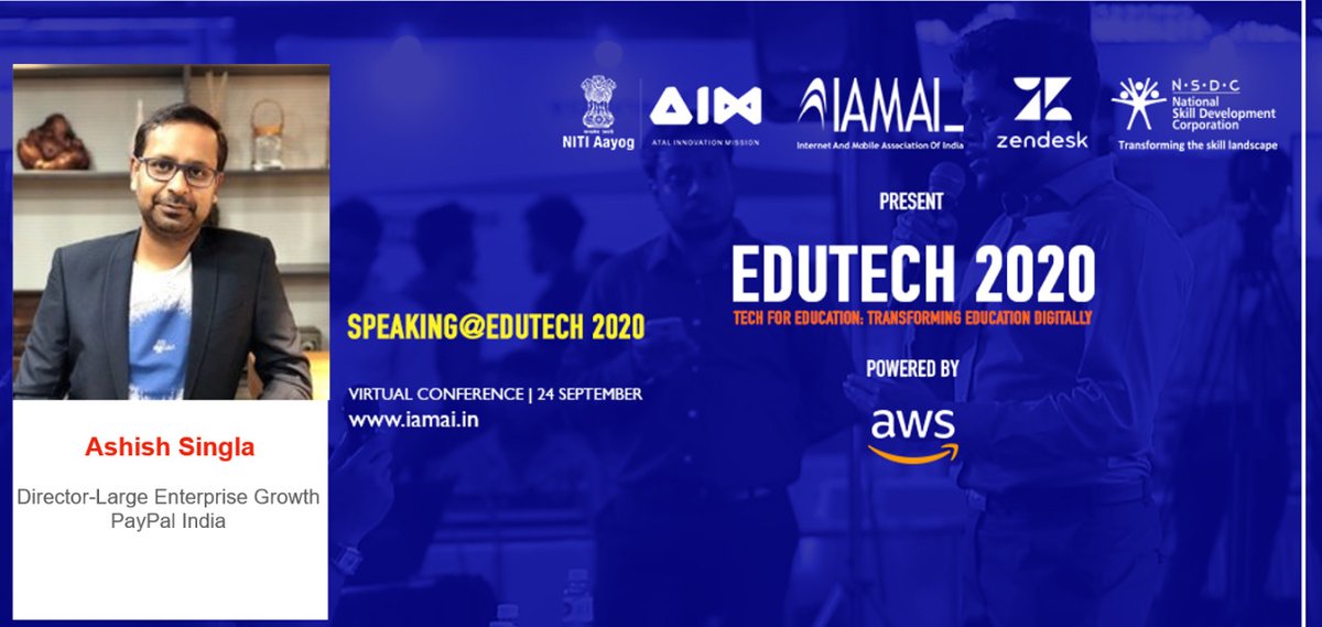 IAMAIForum's tweet image. We're delighted to announce Ashish Singla, Director, Large Enterprise Growth, @PayPal India as one of our speakers for Edutech 2020.
Register now: edutech.iamaievents.in
#Edutech2020 #edapp #india #highered #remotelearning #student #edutech #online #college #onlinecourses