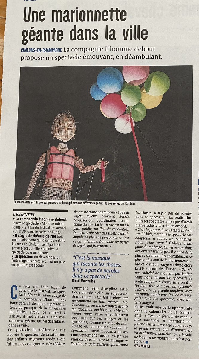 Nous jouerons notre spectacle Mo et le ruban rouge, ce soir au festival FURIES à Châlons-en-Champagne.