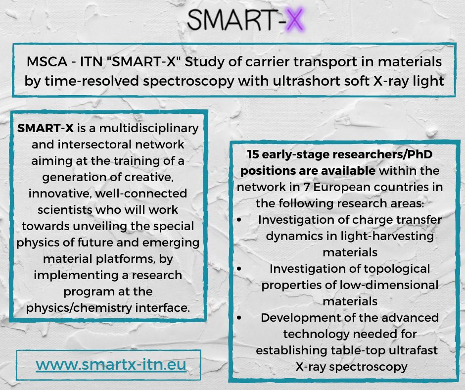 The Innovative Training Network SMART-X is looking for 15 PhD students in Physics in 7 European Countries. For more information visit smartx-itn.eu
#SMARTX #PhDposition #physics #photonics #attosecondspectroscopy #Xrayspectroscopy