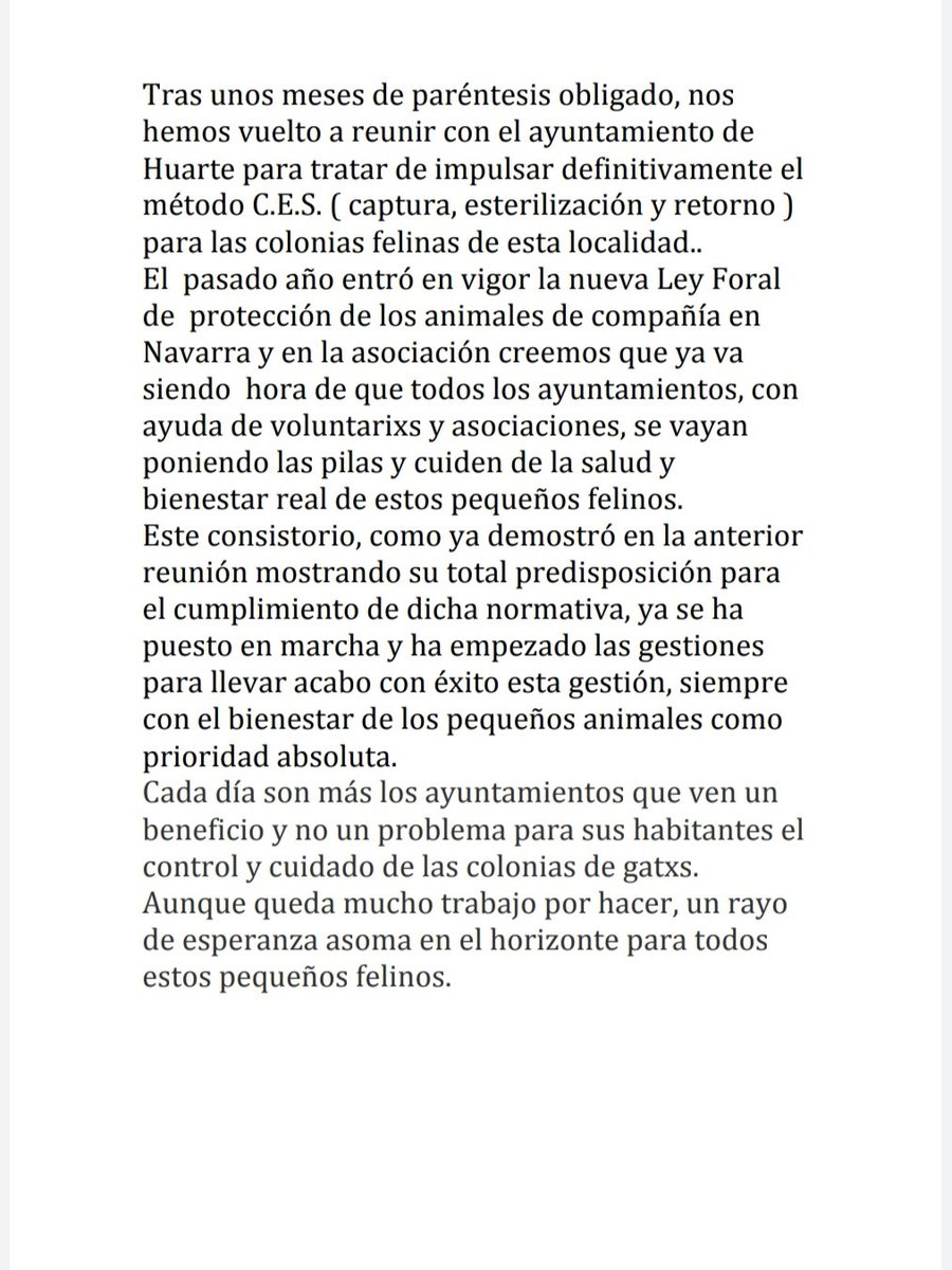 NavaLiberAnimal's tweet photo. Nos hemos vuelto a reunir con el alcalde de Huarte para impulsar el método CES para las colonias felinas de esta localidad. 
El pasado año entró en vigor la nueva Ley Foral de protección animal en Navarra...
#proyectoces 
#bienestaranimal https://t.co/eUTi22ecPt